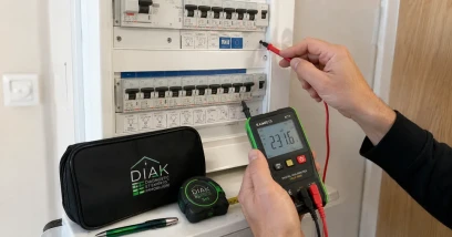 Diagnostiqueur DIAK contrôlant un tableau électrique au multimètre lors d'un diagnostic avant vente dans le Bas-Rhin
