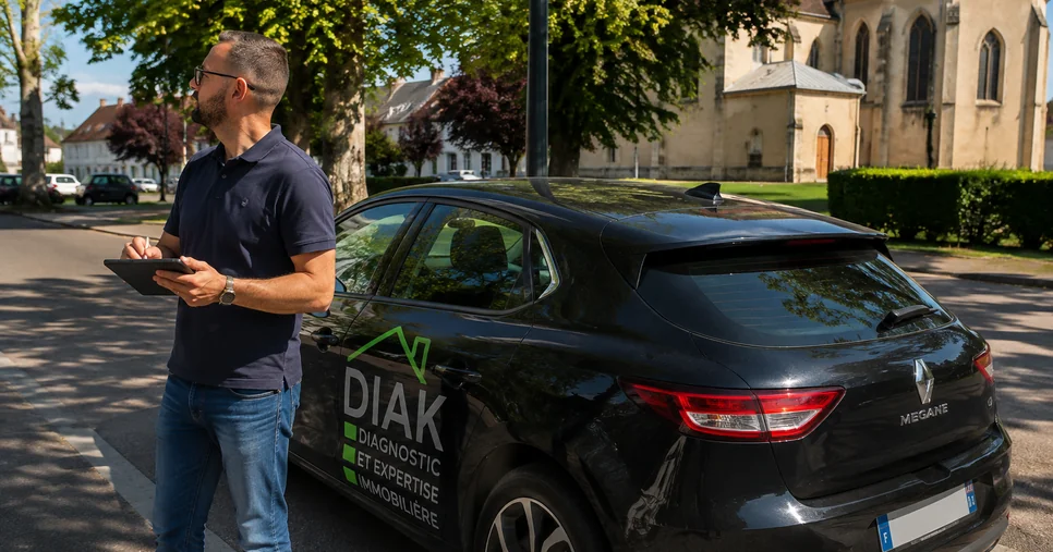 Patrice Kretz, diagnostiqueur immobilier DIAK, en intervention avec son véhicule dans le Centre-Alsace