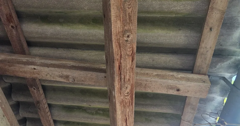 Plaques ondulées en fibrociment sous une charpente ancienne, contrôlées lors du repérage amiante